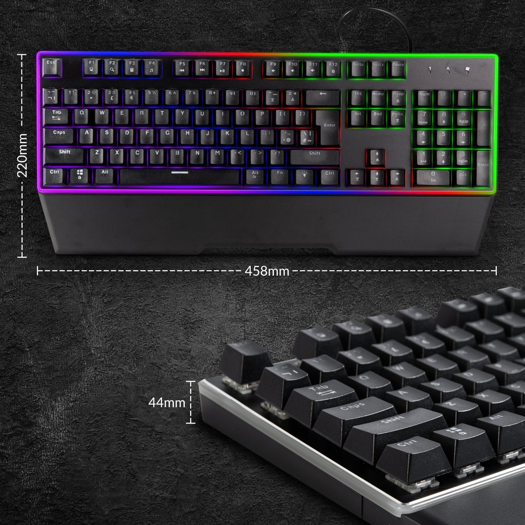 XTREME RGB Backlit Mechanical Gaming Keyboard USB Wired Rainbow Keyboard for PC Gaming with Wrist Rest - UK Qwerty Layout - Black - Packed Direct UK