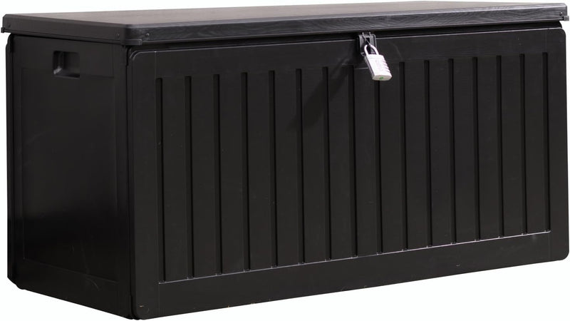 Olsen & Smith 270L Sit-On Garden Storage Box – Weatherproof Outdoor Plastic Shed Seat with Padlock, Lockable Wood Effect Chest for Patio, Deck, and Garage (Black, 270 Litre)