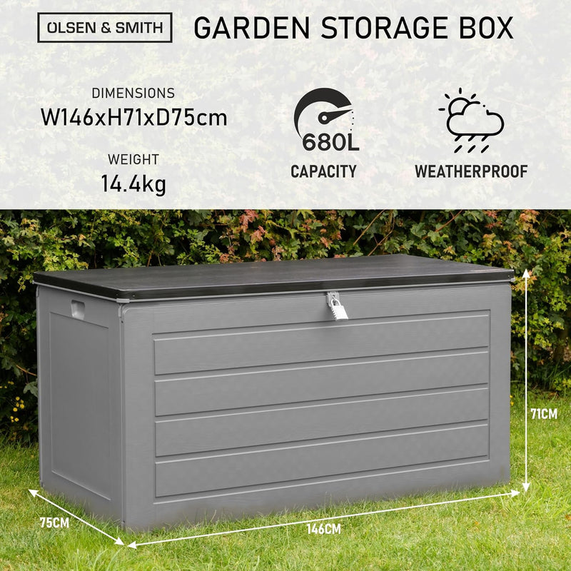 Olsen & Smith 680L MASSIVE Capacity Outdoor Garden Storage With Padlock Box Plastic Shed - Weatherproof & Sit On with Wood Effect Chest (680L, Anthracite)