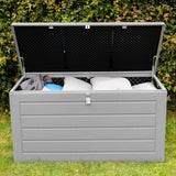 Olsen & Smith 680L MASSIVE Capacity Outdoor Garden Storage With Padlock Box Plastic Shed - Weatherproof & Sit On with Wood Effect Chest (680L, Anthracite)