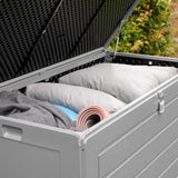 Olsen & Smith 680L MASSIVE Capacity Outdoor Garden Storage With Padlock Box Plastic Shed - Weatherproof & Sit On with Wood Effect Chest (680L, Anthracite)
