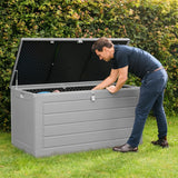 Olsen & Smith 680L MASSIVE Capacity Outdoor Garden Storage With Padlock Box Plastic Shed - Weatherproof & Sit On with Wood Effect Chest (680L, Anthracite)