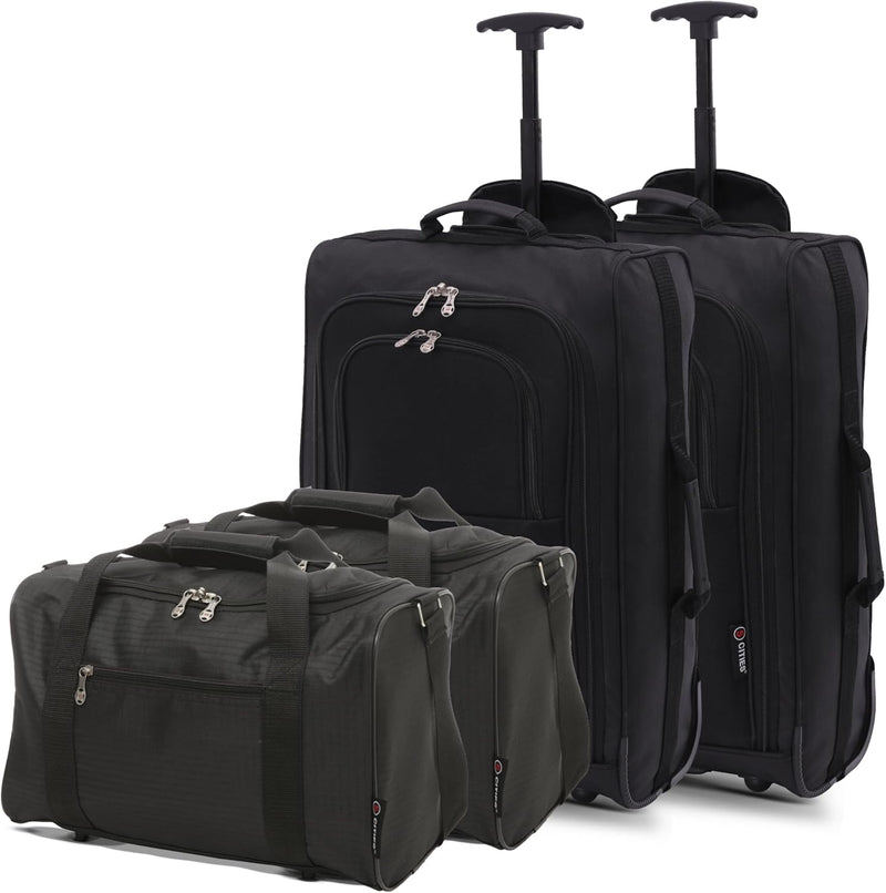 5 Cities Set of 2 Hand Luggage Set Including Ryanair Cabin Approved 21"/55cm Trolley Bag & 40x20x25 Ryanair Maximum Holdall Under Seat Flight Bag (Black x 2 + Black x 2)