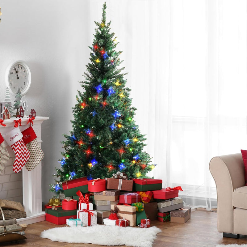 Olsen & Smith 6ft Pre Lit Christmas Tree - PVC Xmas Tree for Home Decor Artificial Christmas Tree 6ft with 750 Branch Tips, 300 Multi Coloured LED Lights and Metal Stand - Traditional Christmas Décor