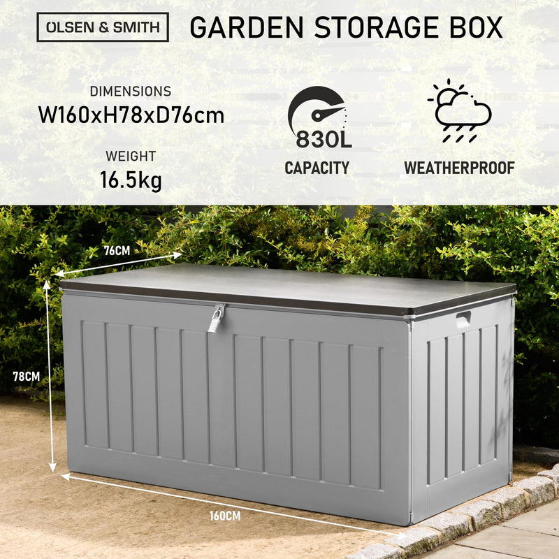 Olsen & Smith 830L Capacity Outdoor Garden Storage Box With Padlock Plastic Shed - Weatherproof & Sit On with Wood Effect Chest (830-Litre, Anthracite)