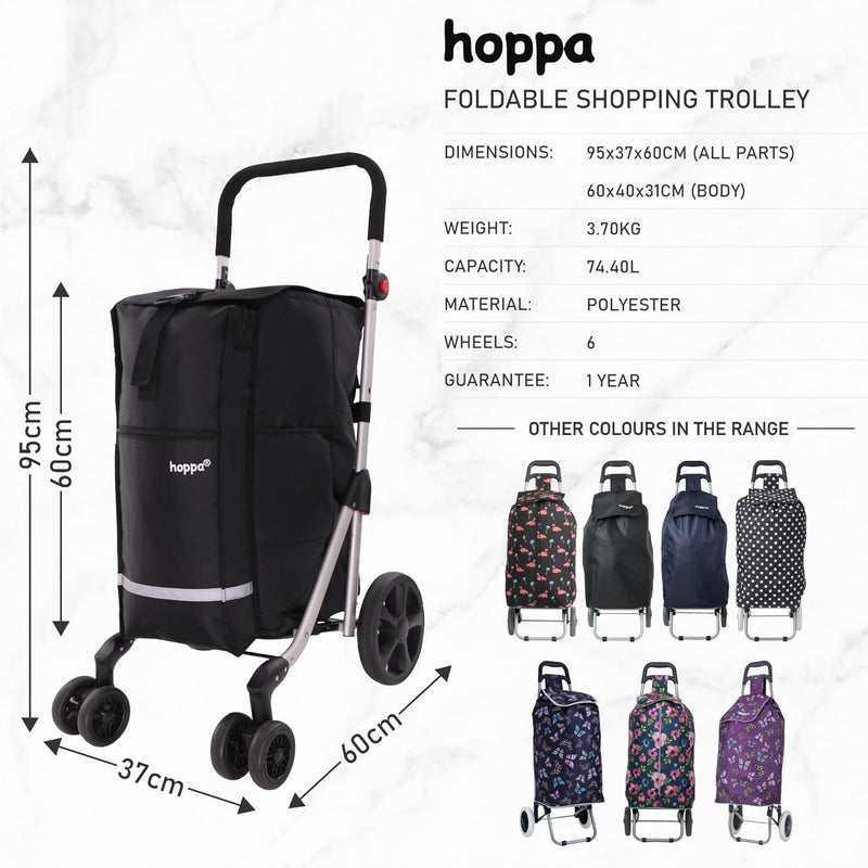 Hoppa 74L Expandable Lightweight Shopping Trolley model, Hard Wearing & Foldaway Push/Pull Cart for Easy Storage With 1 Year Guarantee