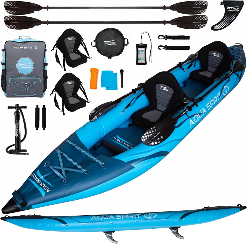 Aqua Spirit Inflatable Kayak Board | 10'5”/13’5” | 1 or 2 Person Complete Kayak Kit with Paddle, Backpack, Double-Action Pump and more accessories | Adult Beginners/Experts | 2 Year Warranty