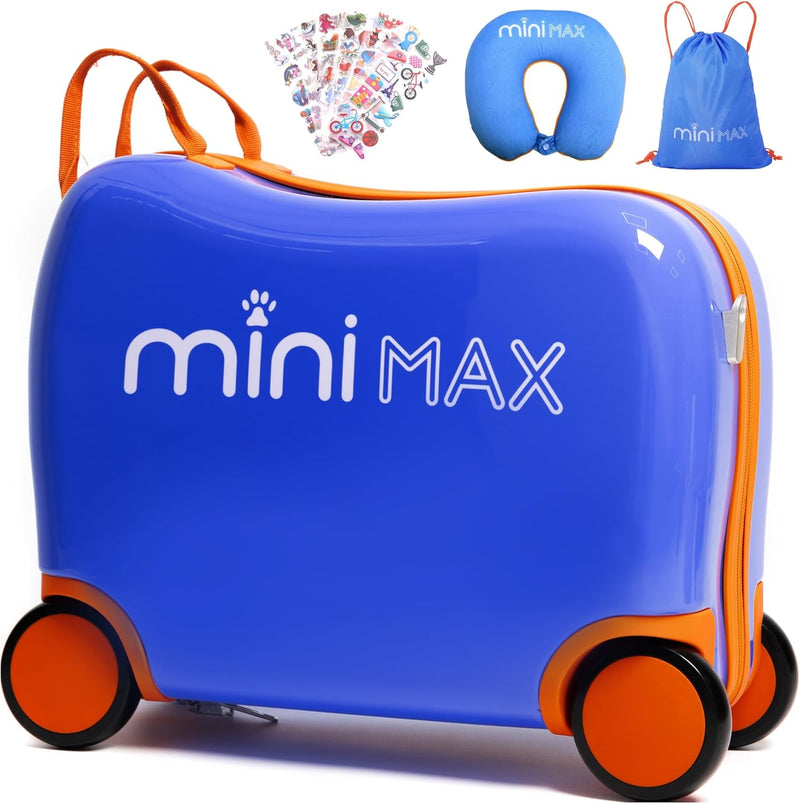 MiniMax 45x36x20cm 29L Kids Ride-On Suitcase 4PCS Set Inc Drawstring Bag, Neck Pillow & 50+ Personalisation Stickers, EasyJet Max Size Childrens Rolling Hand Luggage 6 Year Guarantee (Blue)