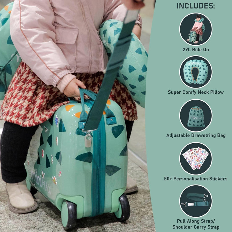 MiniMax 45x36x20cm 29L Kids Ride-On Suitcase 4PCS Set Inc Drawstring Bag, Neck Pillow & 50+ Personalisation Stickers, Easyjet Max Size Childrens Rolling Hand Cabin Luggage 45x36x20 Green Dinosaur