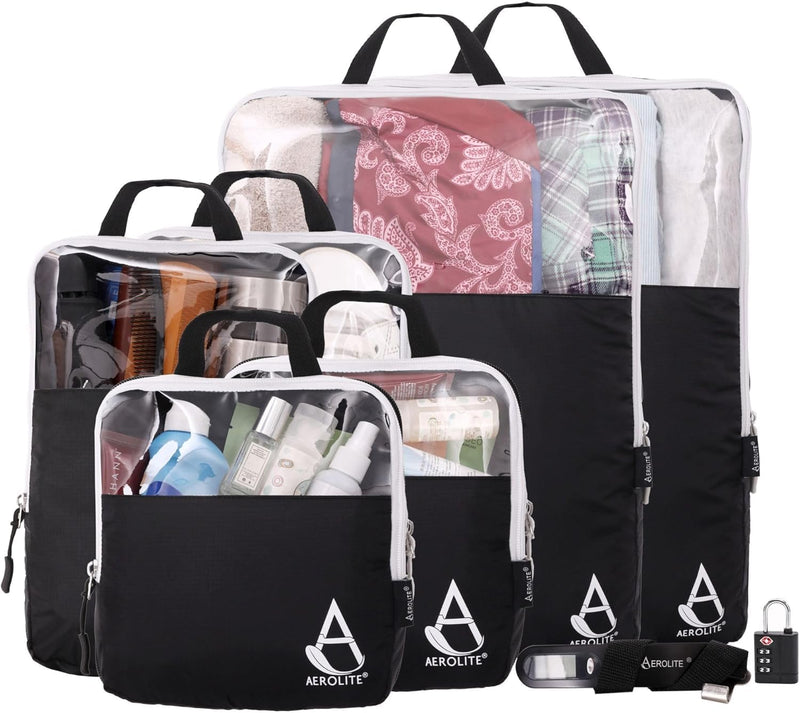 Aerolite Packing Cubes for Suitcases with Digital Luggage Scale and TSA Padlock, 6-pieces Expandable Travel Luggage Packing Organizers With Accessories Ultra Lightweight