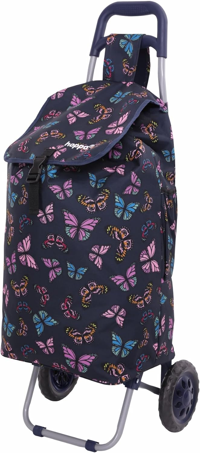 Hoppa 57Ltr Lightweight Shopping Trolley 2024 Model, Hard Wearing & Foldaway for Easy Storage With 1 years Guarantee (Butterflies (Navy))