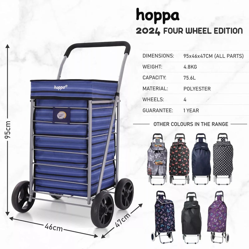 Hoppa Lightweight 4-Wheel Premium 2024 Model Folding Shopping Trolley Extra Large 75.6L Capacity Shopping Trolley Bag, 95cm, 4.8kg, Push/Pull Blue Stripe