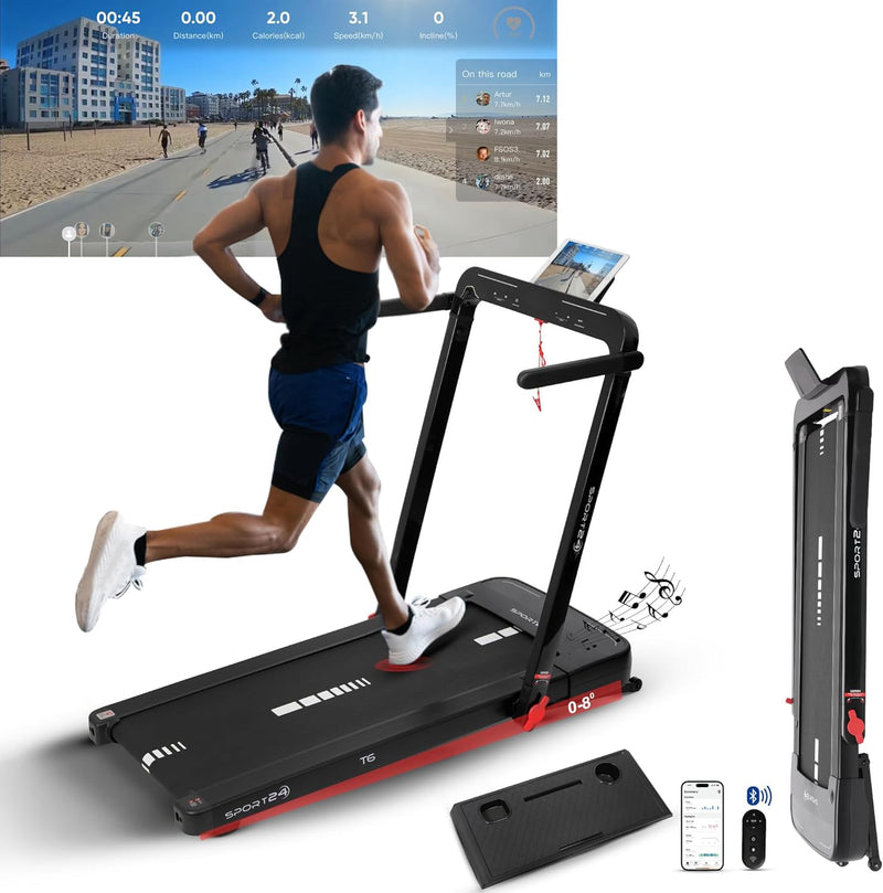 Sports24 Home Folding Treadmill, 1-16km/h 5 in 1 Foldable, Auto-Incline Running Machine, 120kg Limit, Bottle Holder, Apps, Speaker, Work Tray, Handle, LED Display, 4.5HP Quiet Motor, Remote Control