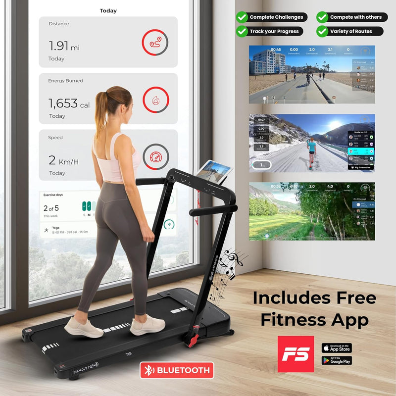 Sports24 Home Folding Treadmill, 1-16km/h 5 in 1 Foldable, Auto-Incline Running Machine, 120kg Limit, Bottle Holder, Apps, Speaker, Work Tray, Handle, LED Display, 4.5HP Quiet Motor, Remote Control