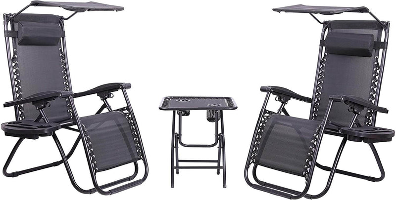3 Piece Zero Gravity Reclining Garden Patio Deck Chair Sun Lounger, 2 Chair & Table Set, Charcoal + Accessories - Packed Direct UK