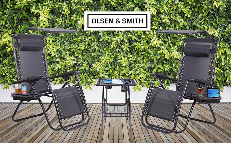 3 Piece Zero Gravity Reclining Garden Patio Deck Chair Sun Lounger, 2 Chair & Table Set, Charcoal + Accessories - Packed Direct UK