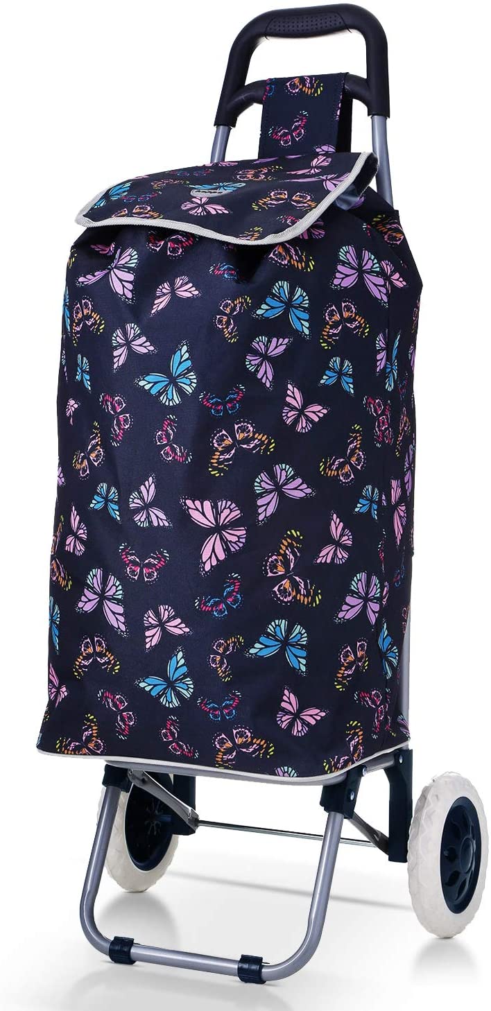 Hoppa Lightweight Shopping Trolley Folding 2 Wheel Large Capacity Shopper Navy Butterflies