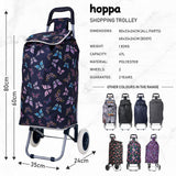 Hoppa Lightweight Shopping Trolley Folding 2 Wheel Large Capacity Shopper Navy Butterflies