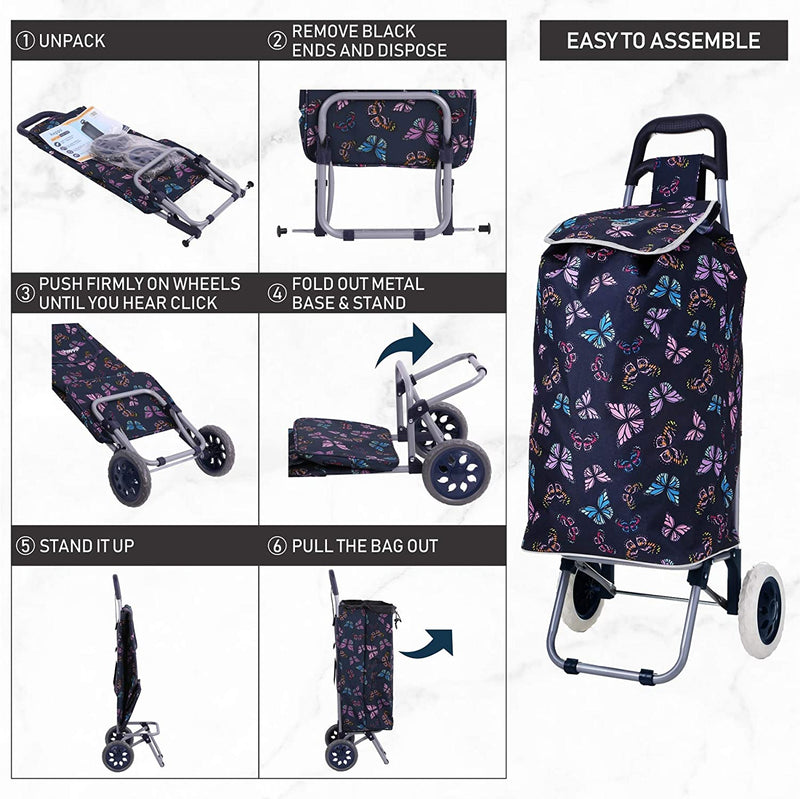 Hoppa Lightweight Shopping Trolley Folding 2 Wheel Large Capacity Shopper Navy Butterflies