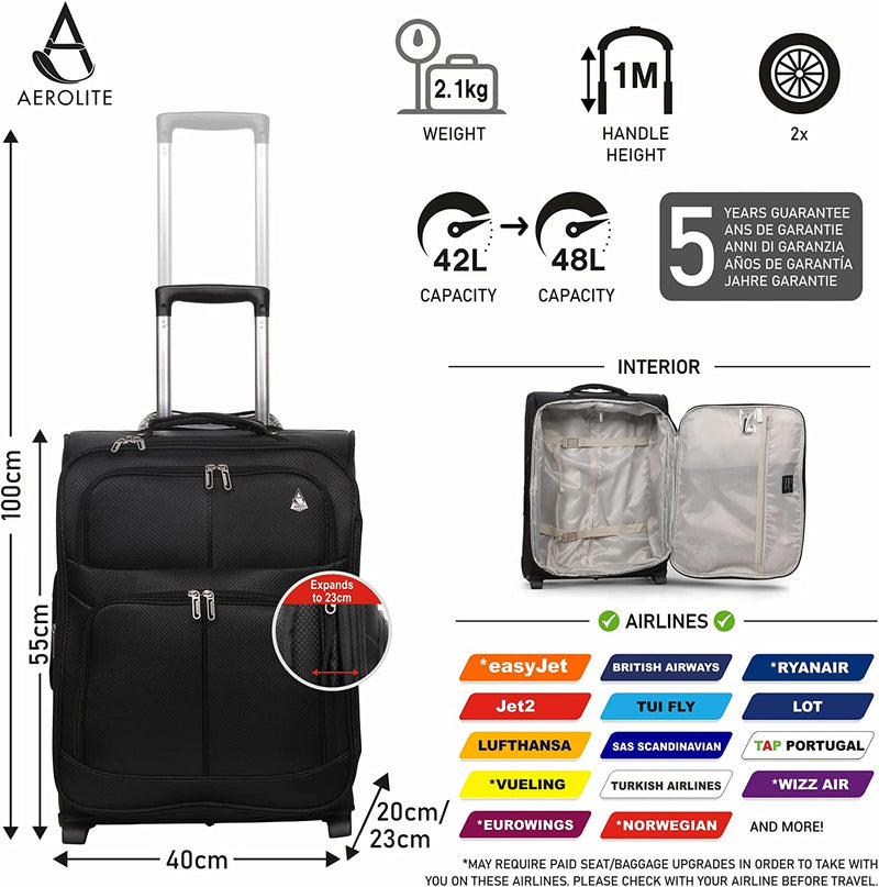 Aerolite Expandable 55x40x20 to 55x40x23 Carry On Hand Cabin Luggage Suitcase for Ryanair Priority Boarding , Lufthansa British Airways & More, Black