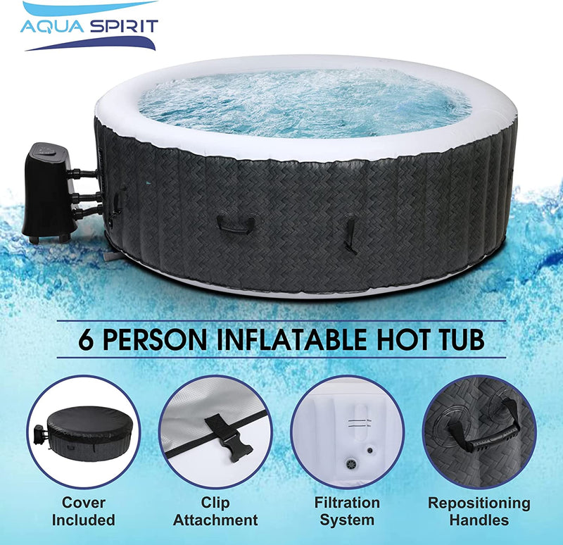 Aqua Spirit 4 to 6 Person Inflatable Quick Heating Indoor & Outdoor Round Bubble Hot Tub Spa with Cover & Ground Sheet , Up to 6 Persons , Rattan Effect