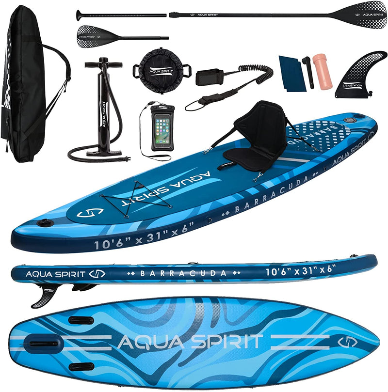 Aqua Spirit Inflatable Stand up Paddle Board SUP Barracuda Kayak Package | 10'6 x 31 x 6" | Adult Beginners/Experts | 150KG Limit | Seat, Paddle & Kayak Blade, Pump, Go Pro Mount, Bag, Change Mat