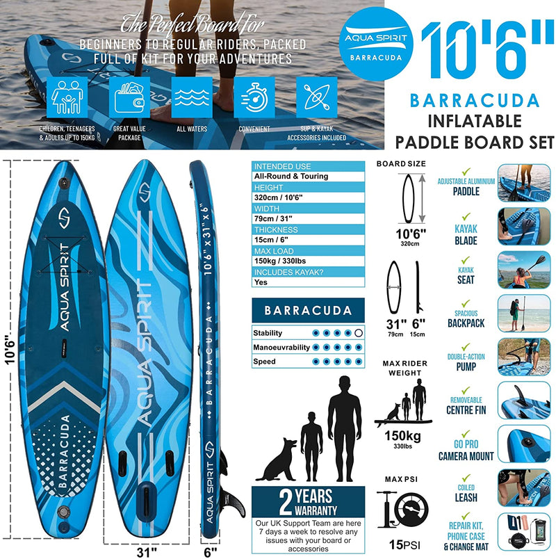 Aqua Spirit Inflatable Stand up Paddle Board SUP Barracuda Kayak Package | 10'6 x 31 x 6" | Adult Beginners/Experts | 150KG Limit | Seat, Paddle & Kayak Blade, Pump, Go Pro Mount, Bag, Change Mat