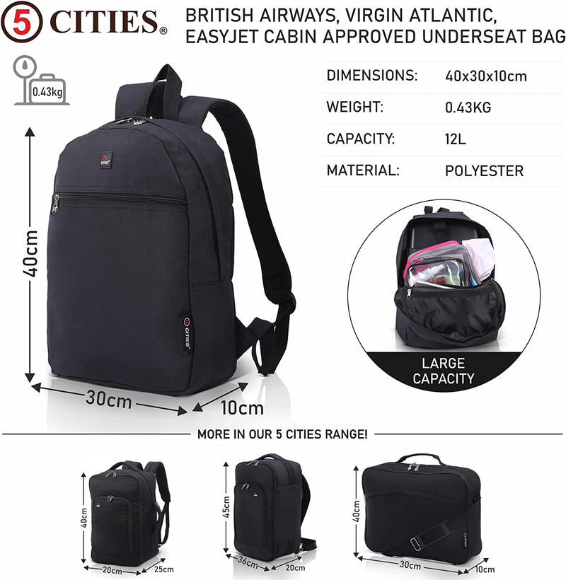 5 CITIES 40x30x10 New and Improved 2022 British Airways, Virgin Atlantic, EasyJet Holdall Cabin Luggage Under Seat Flight Bag, Black