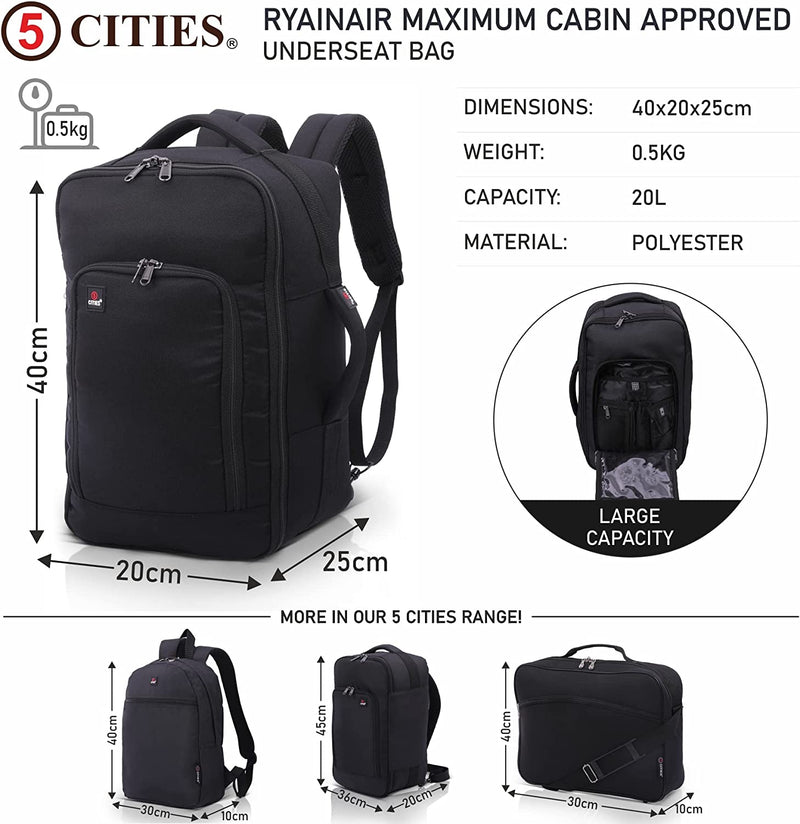 5 Cities New Winter 2022 Ryanair 40x20x25 Maximum Size Hand Cabin Luggage Approved Carry On Travel Holdall Backpack Rucksack Shoulder Bag Flight Bag Lightweight 2 Year Warranty