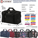 Set of 2 Hand Luggage Set Including Ryanair Cabin Approved 55x40x20cm Trolley Bag & 40x20x25 Ryanair Maximum Holdall Under Seat Flight Bag (Black + Black)