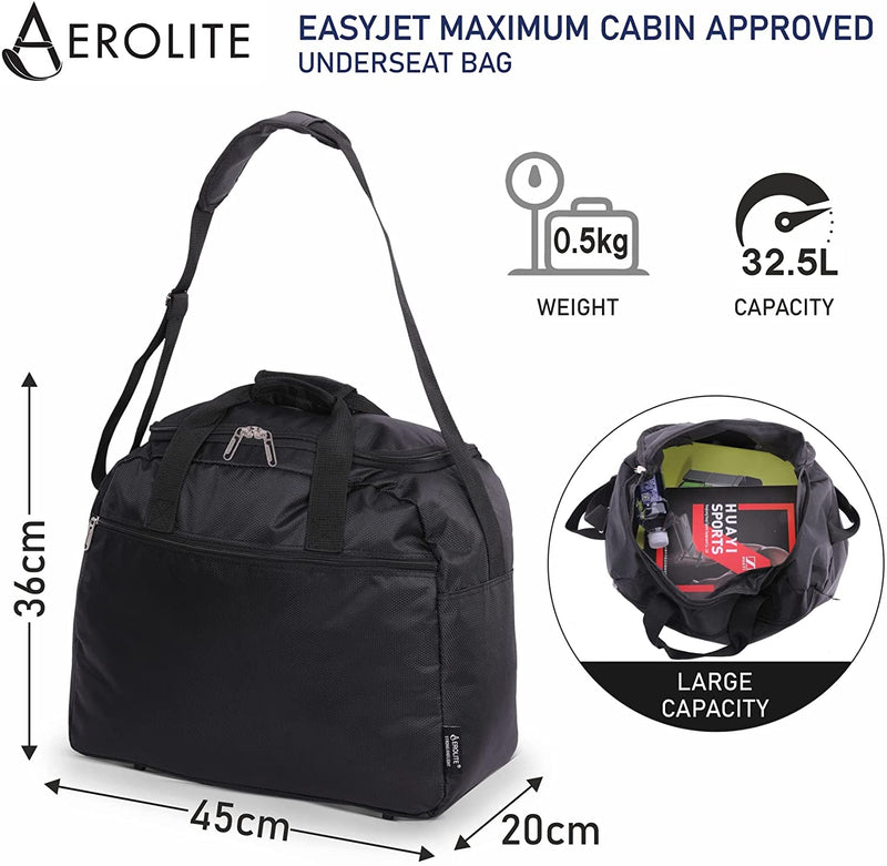 Aerolite 45x36x20 New and Improved easyJet Maximum Size Holdall Cabin Luggage Under Seat Flight Bag, Black