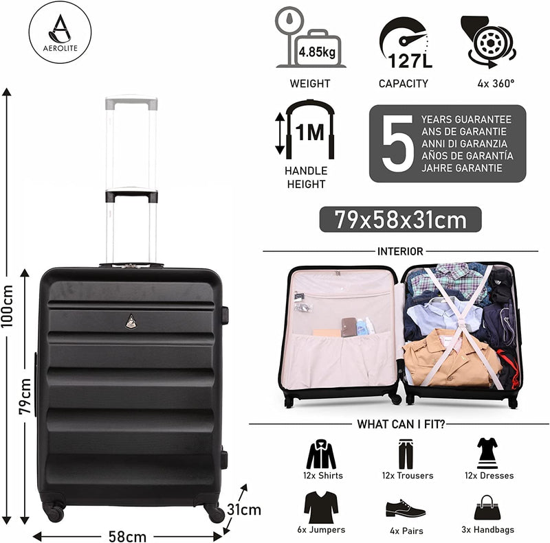 Aerolite Large 29in Lightweight Hard Shell 4 Wheel Travel Hold Checked Check in Luggage Suitcase Black