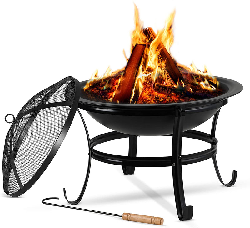 Large 55CM Steel Metal Fire Pit for Outdoor Garden Patio Heater Camping Bowl with Lid & Poker , Wood & Coal Burning , Large Black