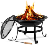 Large 55CM Steel Metal Fire Pit for Outdoor Garden Patio Heater Camping Bowl with Lid & Poker , Wood & Coal Burning , Large Black