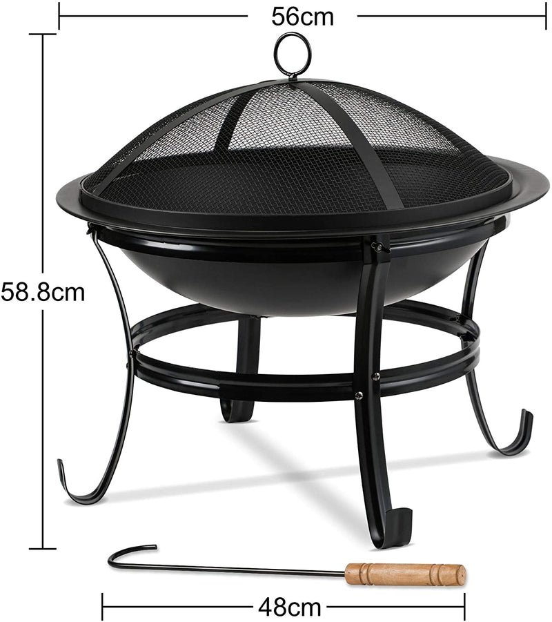 Large 55CM Steel Metal Fire Pit for Outdoor Garden Patio Heater Camping Bowl with Lid & Poker , Wood & Coal Burning , Large Black