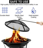 Large 55CM Steel Metal Fire Pit for Outdoor Garden Patio Heater Camping Bowl with Lid & Poker , Wood & Coal Burning , Large Black