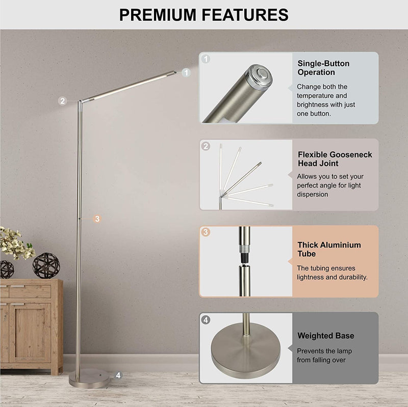 O&S Free Standing LED Floor Lamp Light , 3 Colour Temperatures & Dimmable Brightness Level - Floor Lamps for Reading Living Room Study Modern Silver