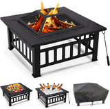 Large Square Steel Metal Fire Pit Table for Outdoor Garden Patio Heater BBQ with Grate, Grill, Lid, Poker & Cover │ Wood & Charcoal Burning │ Black