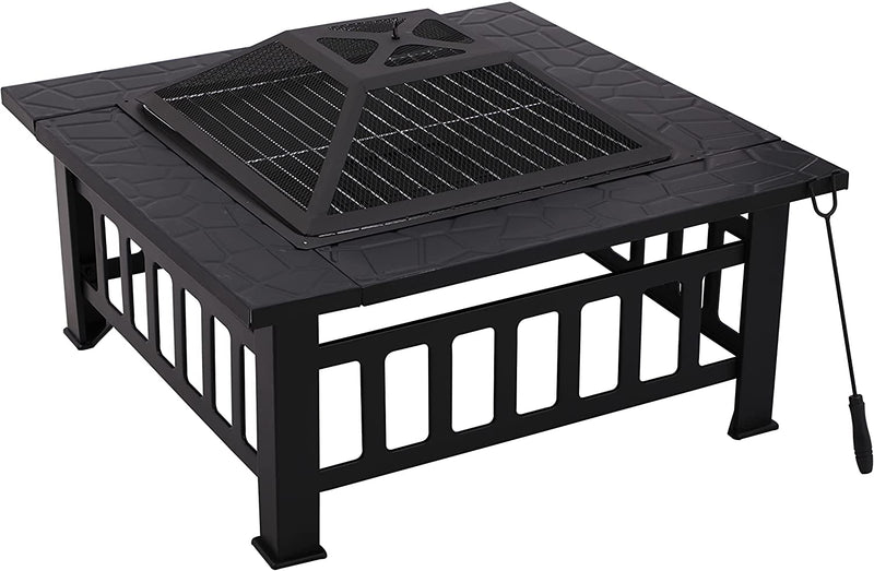 Large Square Steel Metal Fire Pit Table for Outdoor Garden Patio Heater BBQ with Grate, Grill, Lid, Poker & Cover │ Wood & Charcoal Burning │ Black