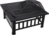 Large Square Steel Metal Fire Pit Table for Outdoor Garden Patio Heater BBQ with Grate, Grill, Lid, Poker & Cover │ Wood & Charcoal Burning │ Black