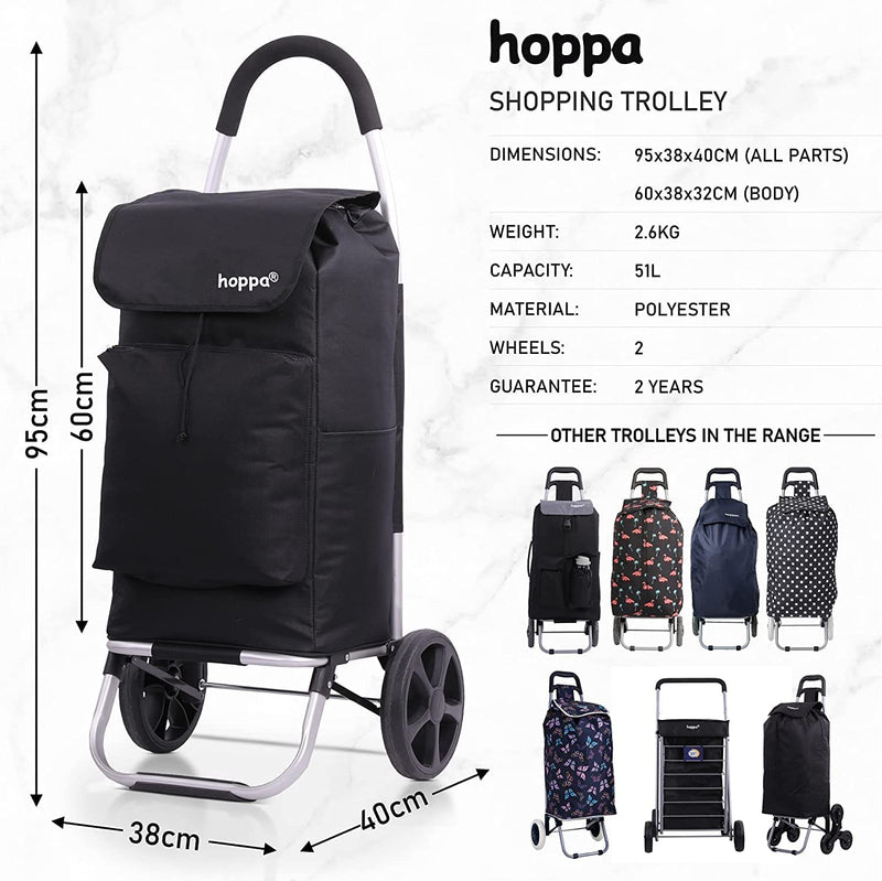 Hoppa Fully Insulated Lightweight 2022 Model 2 Wheeled Huge 51Litre Capacity Shopping Trolley Bag 95cm, 2.6kg Black