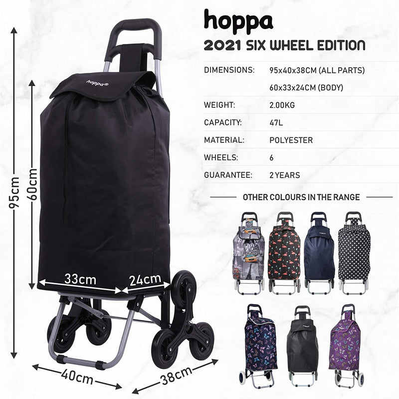 Hoppa Lightweight 6-Wheel 2022 Model Folding Shopping Trolley Large 47L Capacity Shopping Trolley Bag, 95cm, 2kg, Push/Pull Stairclimber (Black)