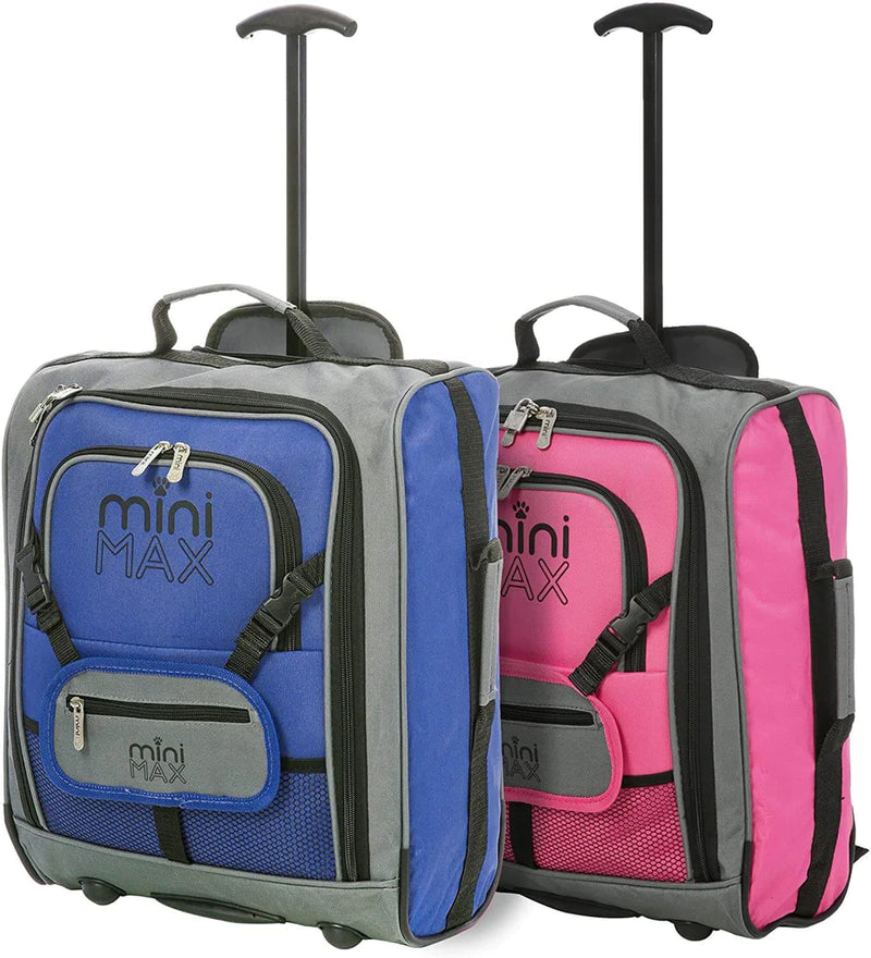 MiniMAX Childrens/Kids Luggage Carry On Trolley Suitcase with Backpack and Pouch for Your Favourite Doll/Action Figure/Bear Pink + Blue