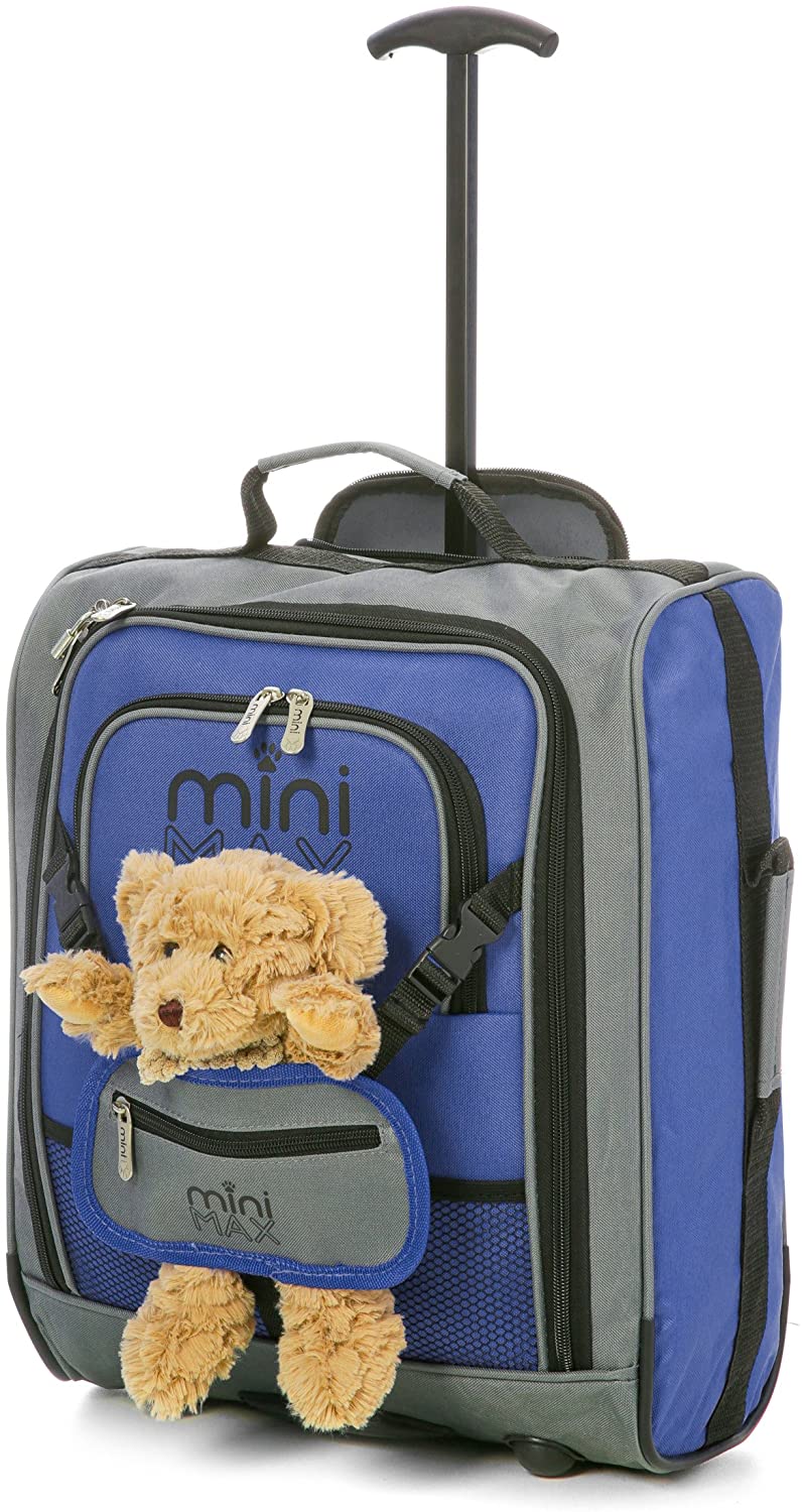 MiniMAX Childrens/Kids Luggage Carry On Trolley Suitcase with Backpack and Pouch for Your Favourite Doll/Action Figure/Bear (Blue/Teddy)