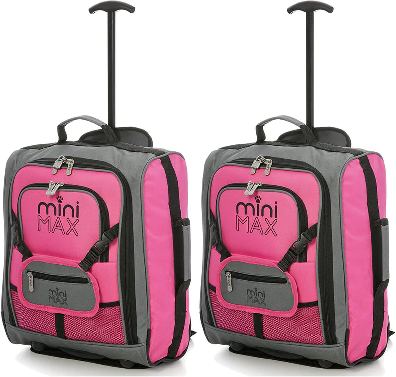 MiniMAX Childrens/Kids Luggage Carry On Trolley Suitcase with Backpack and Pouch for Your Favourite Doll/Action Figure/Bear Pink Set of 2