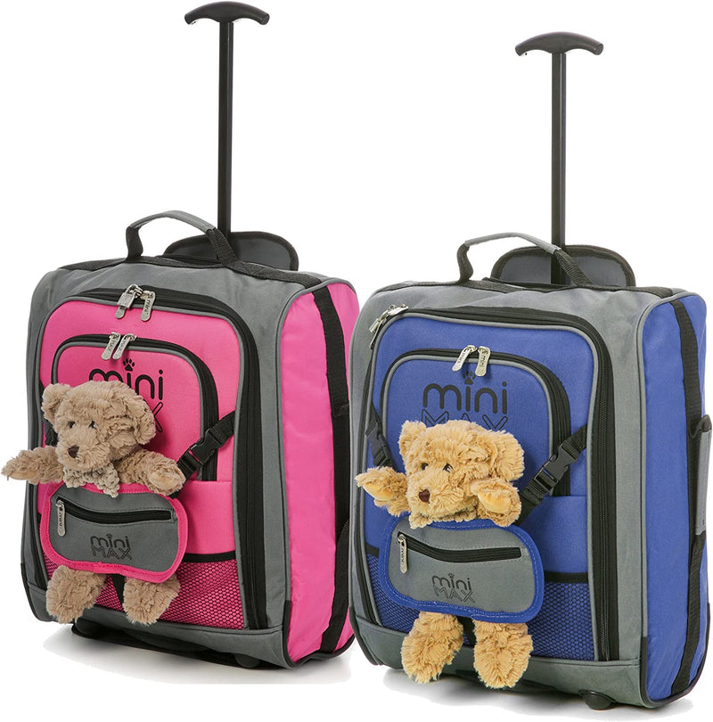 MiniMAX Childrens/Kids Luggage Carry On Trolley Suitcase with Backpack and Pouch for Your Favourite Doll/Action Figure/Bear (Pink + Teddy / Blue + Teddy)