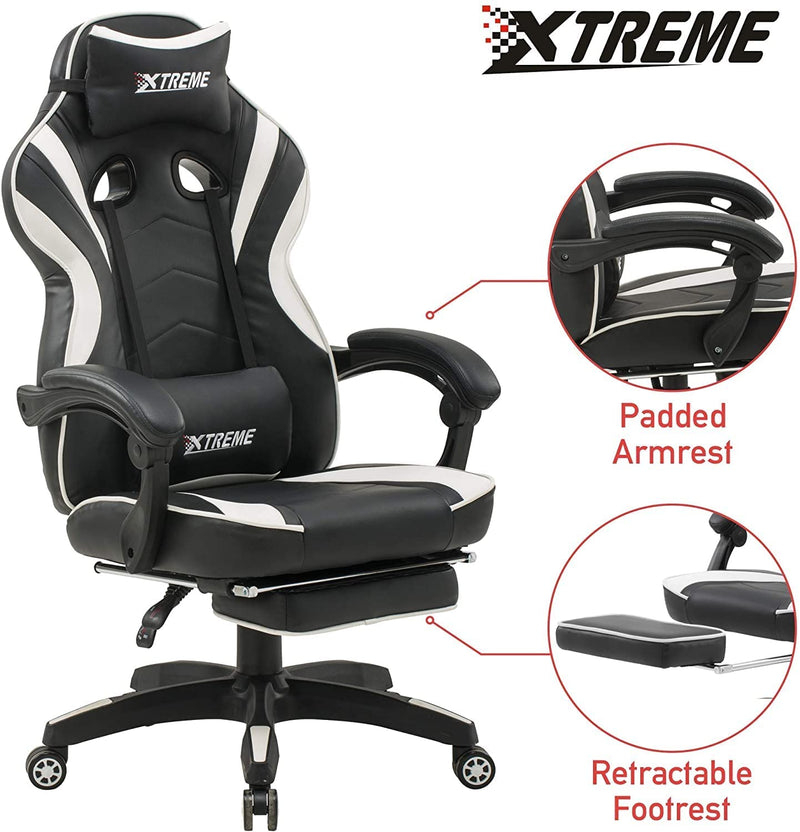 Olsen & Smith XTREME New and Improved 2022 Model Gaming Chair Ergonomic Office Desk PC Computer Recliner Swivel Chair Detachable Padded Head Rest Lumbar Support Cushion & Footrest (Black/White)