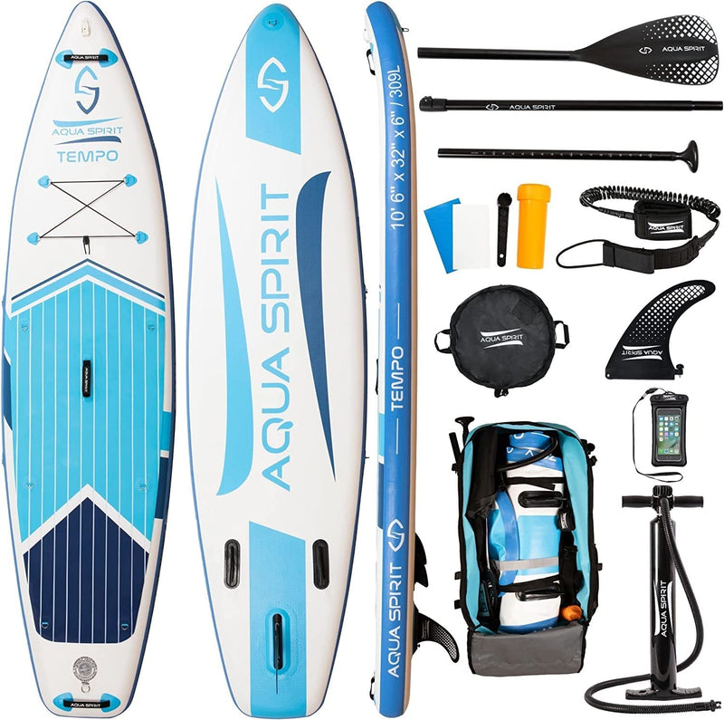 AQUA SPIRIT Inflatable Stand up Paddle Board SUP TEMPO Package | 10’6 x 32” x 6” | Adult Beginners/Experts | 120KG Limit | Paddle, Backpack, Pump, Go Pro Mount, Change Mat, Phone Case Blue