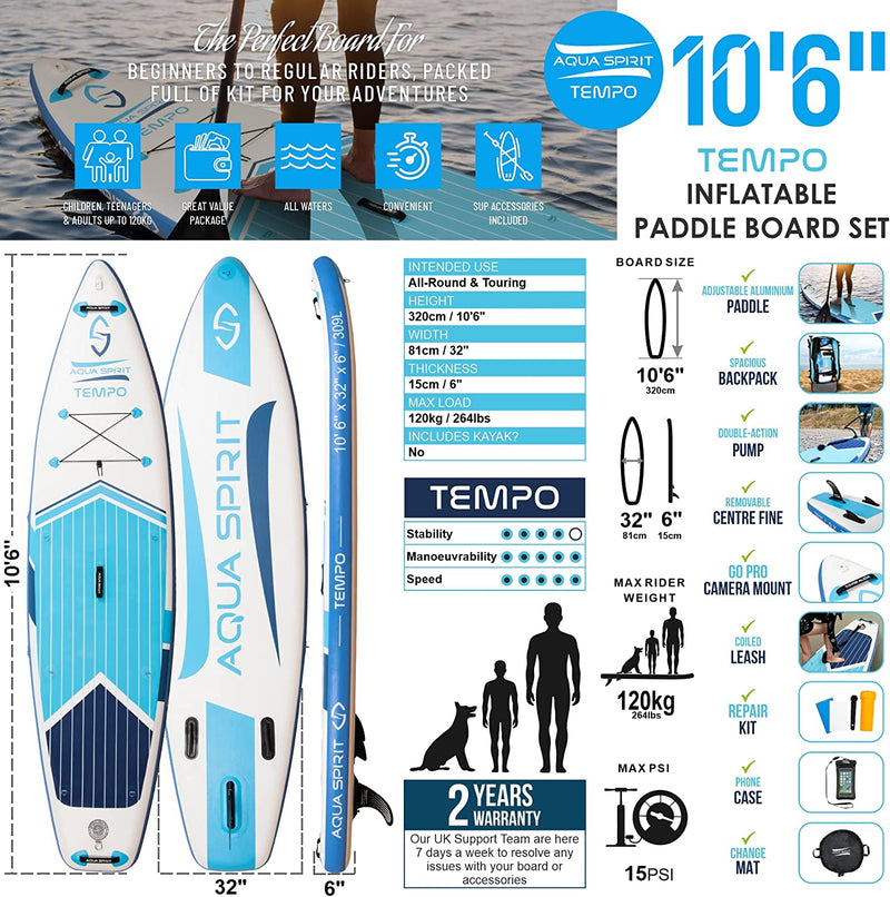 AQUA SPIRIT Inflatable Stand up Paddle Board SUP TEMPO Package | 10’6 x 32” x 6” | Adult Beginners/Experts | 120KG Limit | Paddle, Backpack, Pump, Go Pro Mount, Change Mat, Phone Case Blue