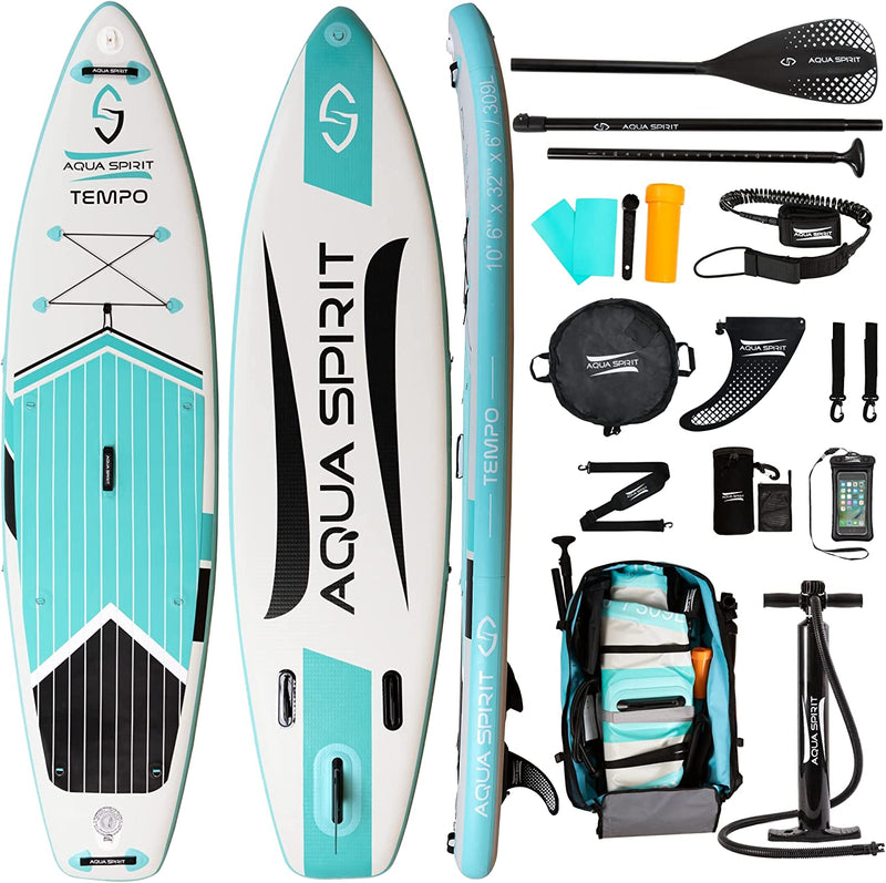 AQUA SPIRIT Inflatable Stand up Paddle Board SUP TEMPO Package | 10’6 x 32” x 6” | Adult Beginners/Experts | 120KG Limit | Paddle, Backpack, Pump, Go Pro Mount, Change Mat, Phone Case Green